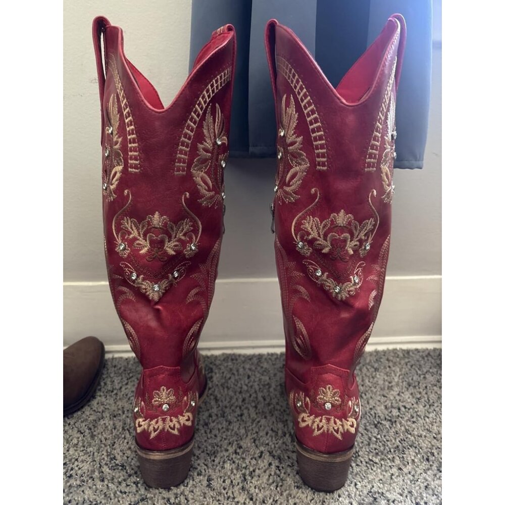 🆕Womens Red Faux Leather Knee High Cowboy Chunky Heel Tall Western Boots - Picture 2 of 8